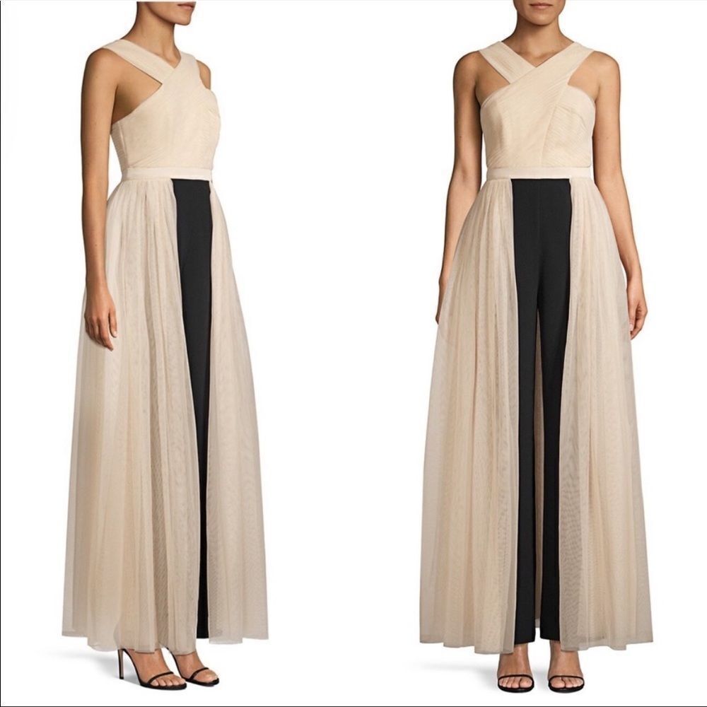 BCBGMAXAZRIA Eve Overlay Walk-through Jumpsuit Evening Gown Almond Blossom XS